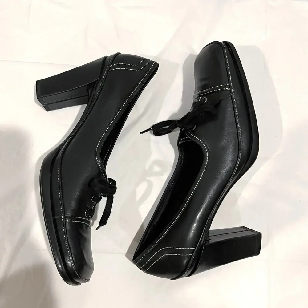 Vintage 90s Lace Up Oxford Size 8.5 Black Leather Square Toe Heels VS Macbeth - Picture 5 of 15